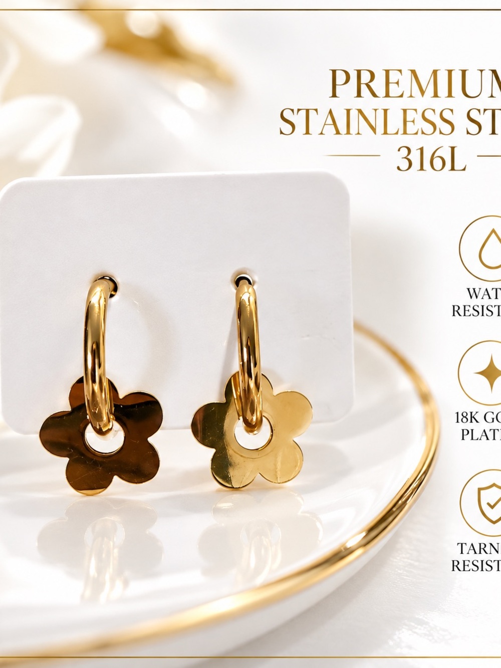 Gold Flower Hoop Earrings - Stainless Steel 18K Gold Plated